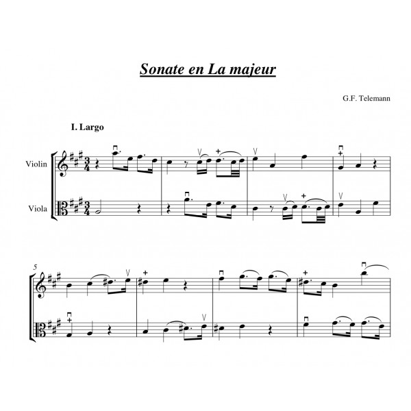 TELEMANN SONATE POUR VIOLON ET ALTO EN LA MAJEUR Partitions en ligne